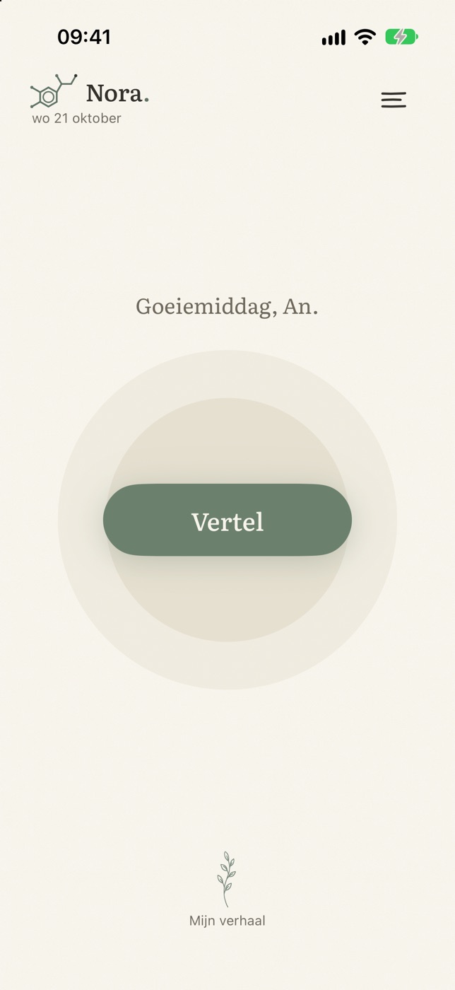Het beginscherm van Nora: Goeiemiddag, An. en één knop, Vertel.